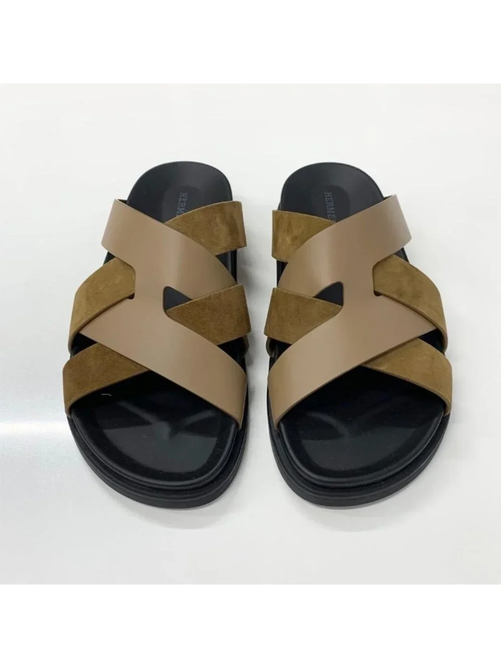Hermes Casimir Leather Suede Flat Sandals Brown
